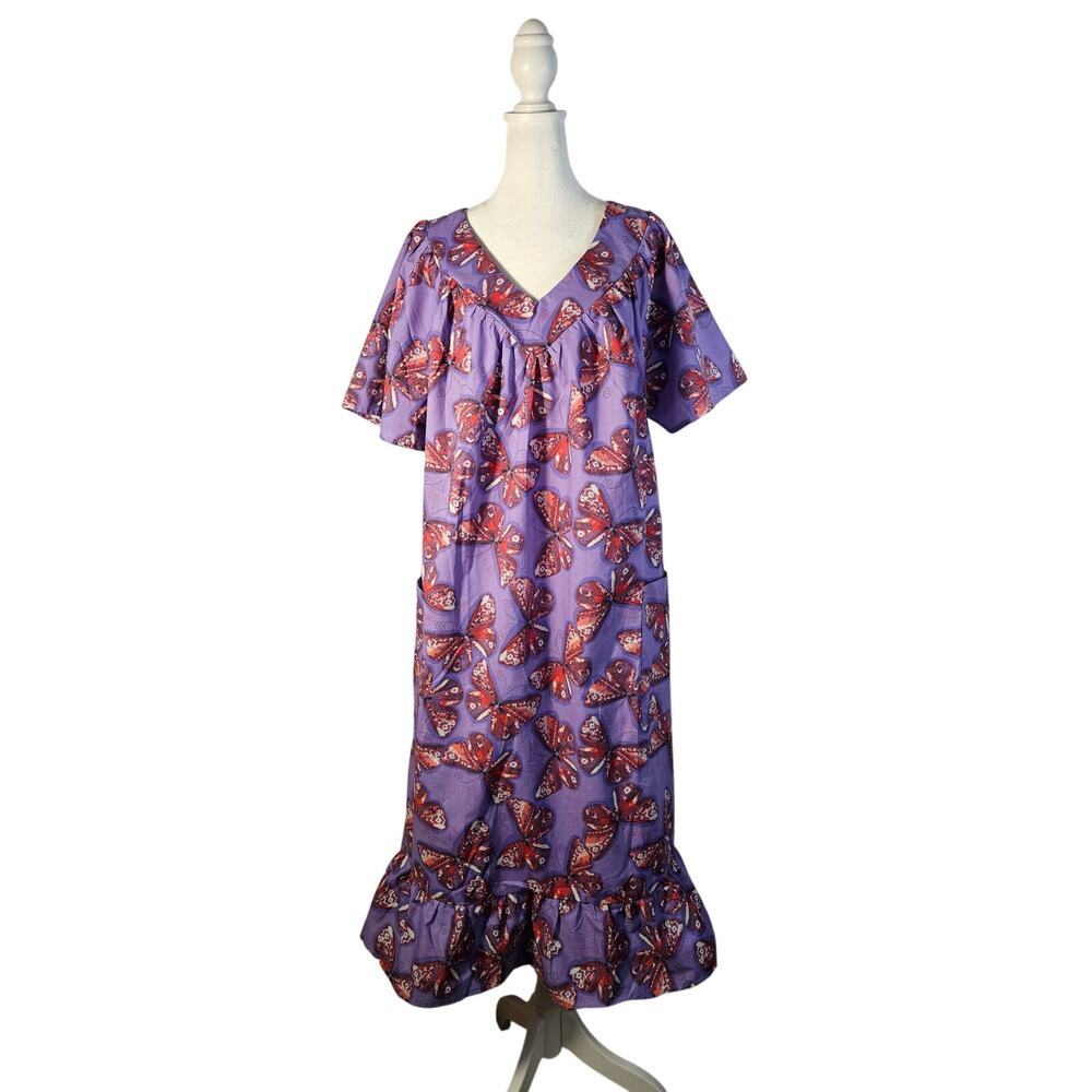 Anthony Richards Purple Red‎ Butterflies Mumu Dress Size XL NEW Short Sleeve